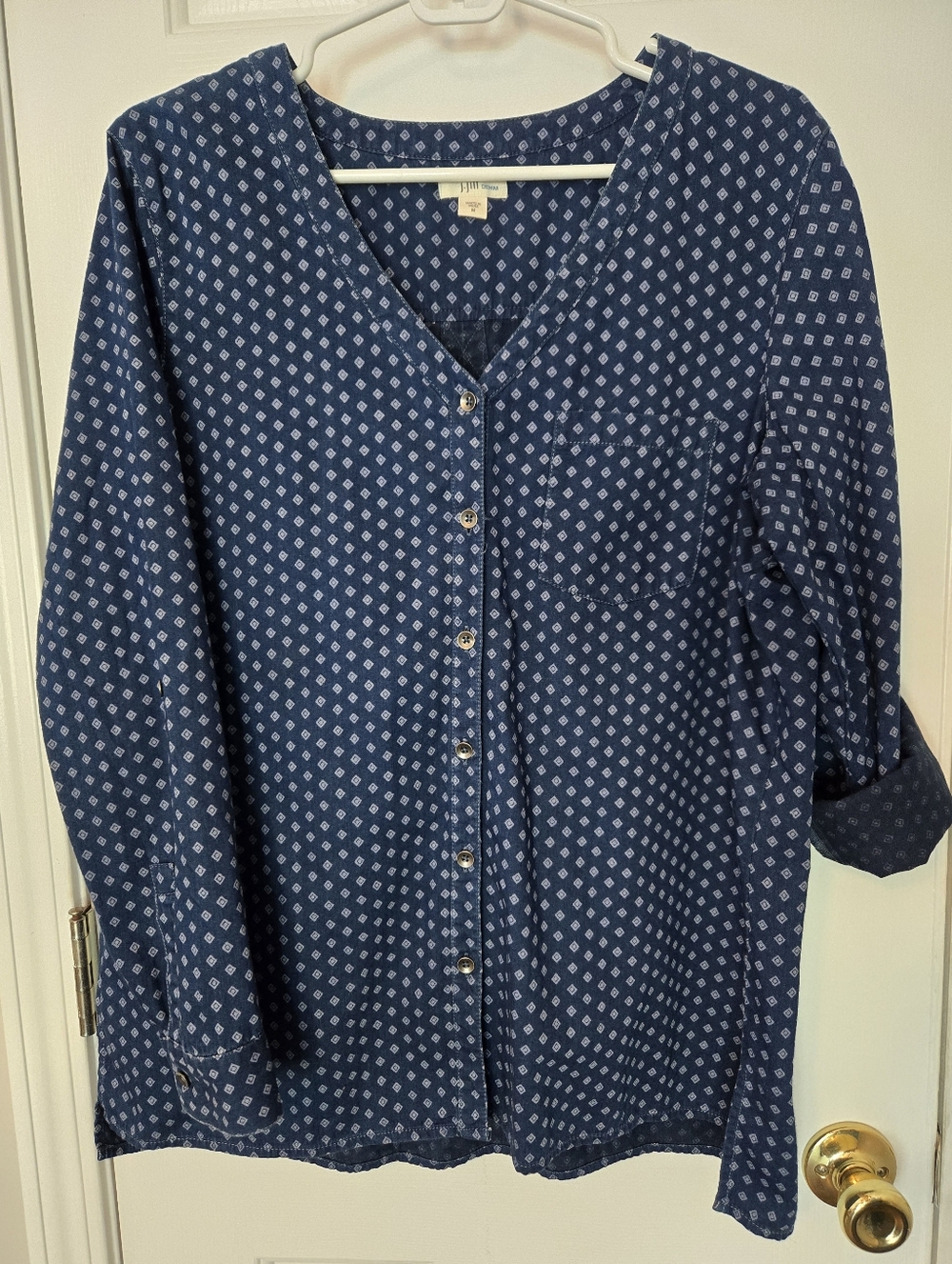 J. Jill Denim Women's Blue Geo Print VNeck Roll Tab Sleeve Pocket Cotton Size M